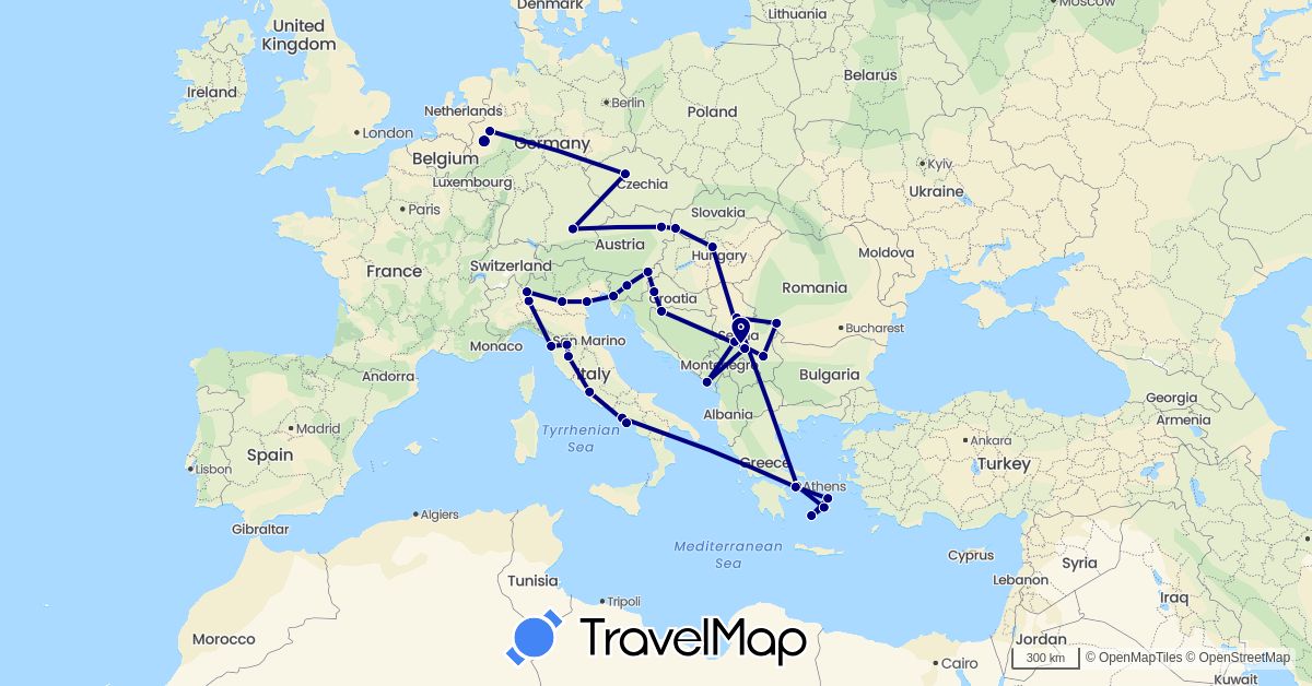 TravelMap itinerary: driving in Austria, Czech Republic, Germany, Greece, Croatia, Hungary, Italy, Montenegro, Serbia, Slovenia, Slovakia (Europe)
